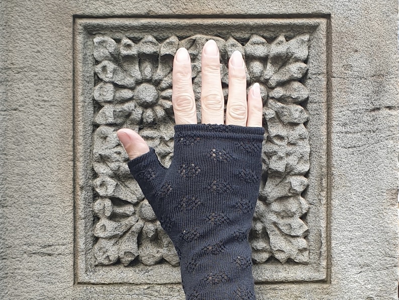 Dark grey merino wool holey knit textured fingerless gloves gray winter mittens charcoal image 1