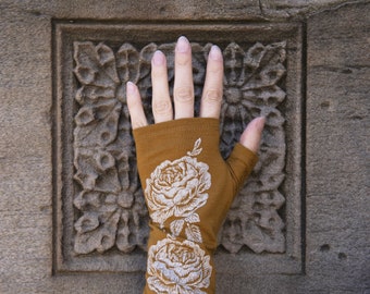 Mustard merino fingerless gloves - vintage rose print, ochre wool gloves, gold printed mittens floral
