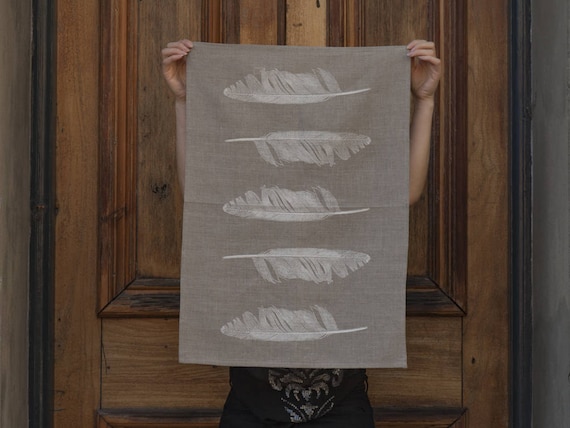 Natural linen feather print tea towel