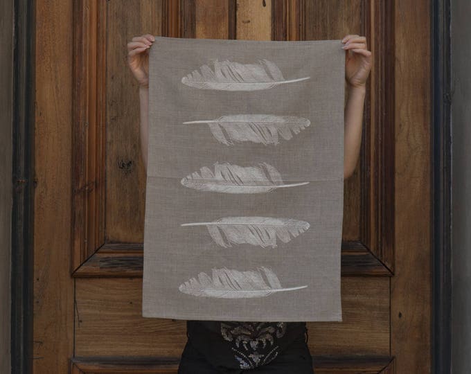 Natural linen feather print tea towel