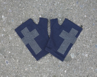 Navy merino vintage cross gloves, printed in dark silver ink, goth style arm warmers, fingerless mittens, dark blue