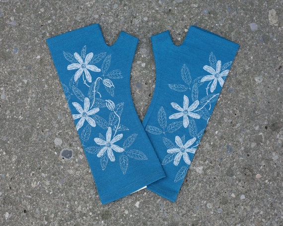 Teal blue merino fingerless gloves - new zealand flower print, turquoise wool gloves, printed mittens