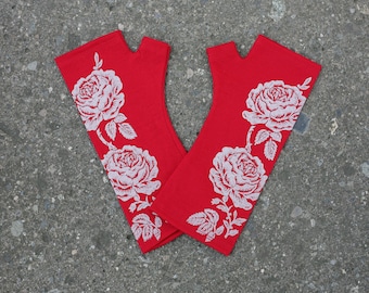 Red merino wool fingerless gloves - vintage rose print, red wool gloves,  floral printed mittens