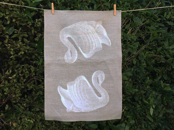 Natural linen swan print tea towel