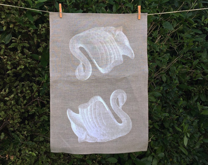 Natural linen swan print tea towel