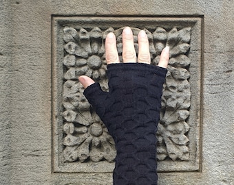 Black merino wool, textured knit fingerless gloves