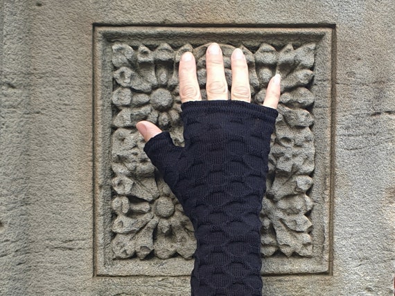 Black merino wool, textured knit fingerless gloves