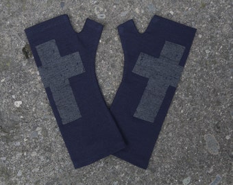 Navy merino wool gloves printed with dark silver cross, arm warmers, fingerless mittens, dark blue