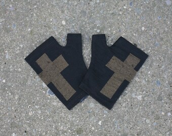 Black merino vintage gold cross gloves, printed in dark gold ink, goth style arm warmers, fingerless mittens,