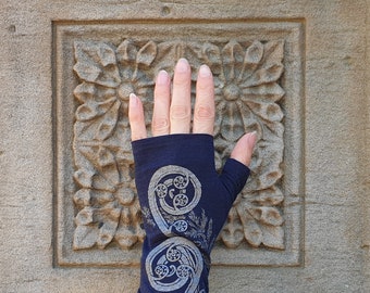 Ink blue merino wool fingerless gloves - blue gloves, printed with fern koru design in dark silver, blue fingerless armwarmers