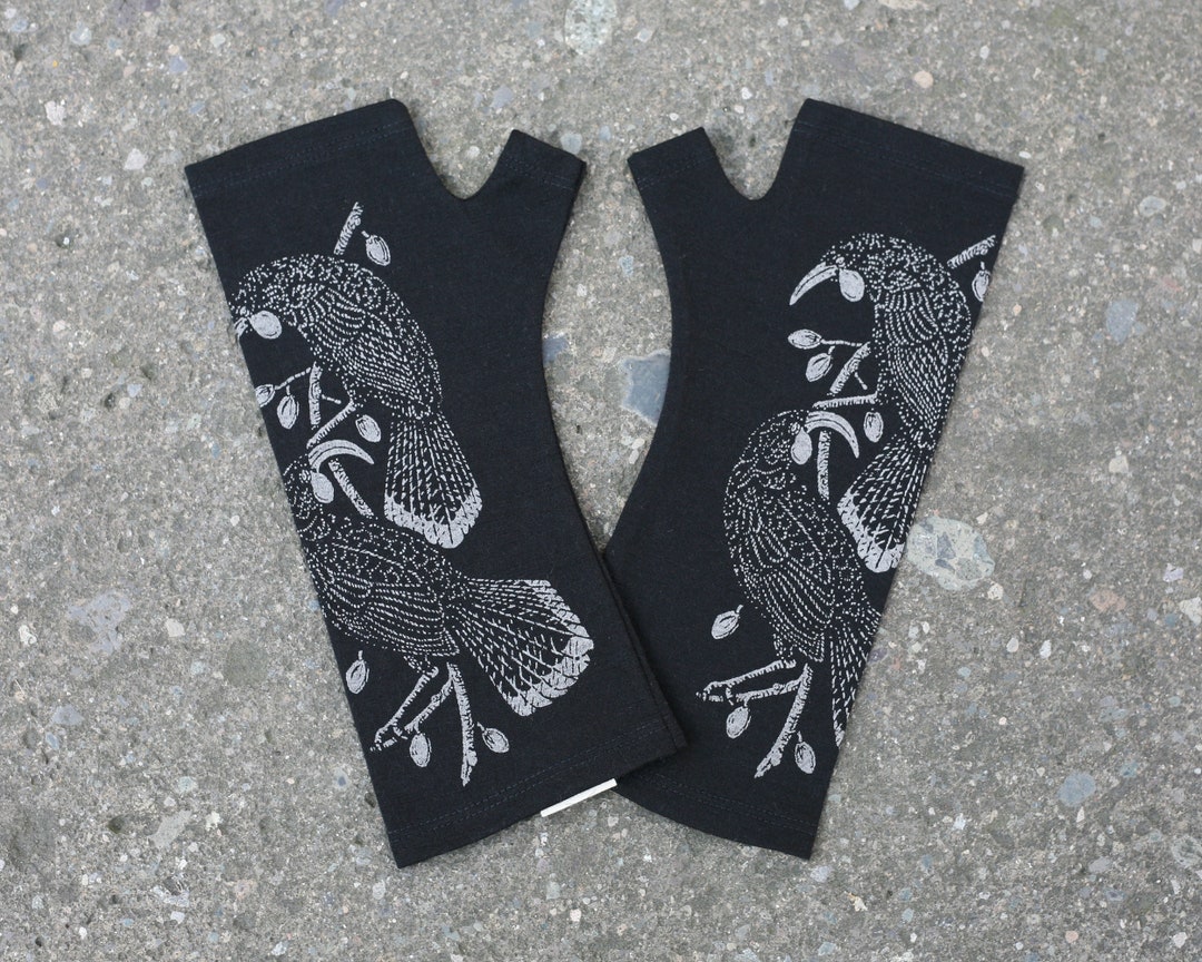 Black Merino Fingerless Gloves New Zealand Bird Print, Black Wool