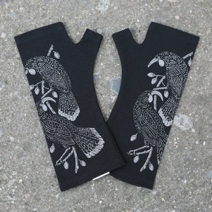 Black merino fingerless gloves - new zealand bird print, black wool gloves, printed mittens Huia