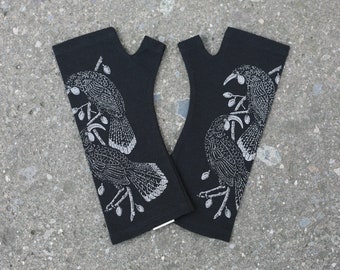 Black merino fingerless gloves - new zealand bird print, black wool gloves, printed mittens Huia