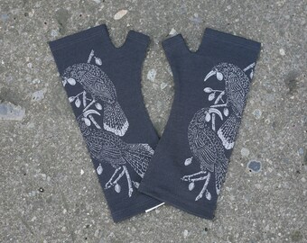 Dark grey merino fingerless gloves hand printed with huia, charcoal bird printed wool gloves. knitted natural history