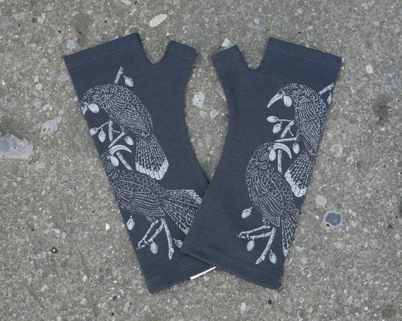 Charcoal huia bird printed merino fingerless gloves