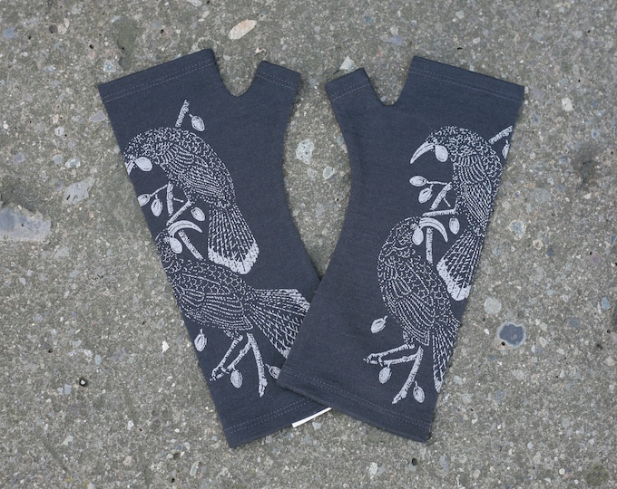 Charcoal huia bird printed merino fingerless gloves