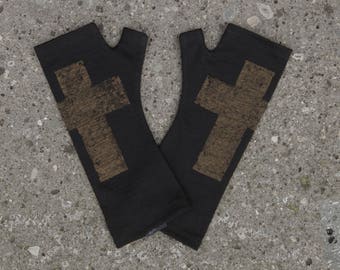 Black cross wool gloves, printed in dark gold ink, vintage madonna style arm warmers, fingerless mittens,