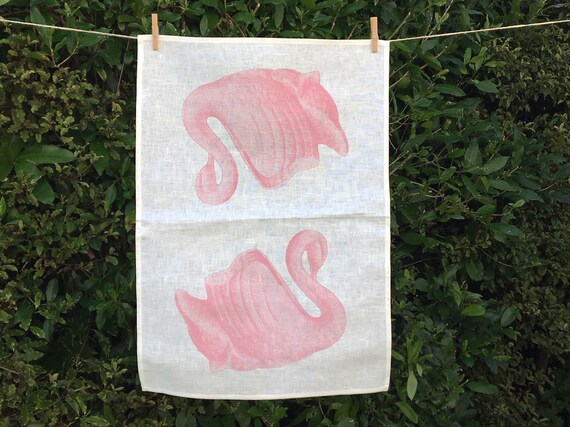 Pink linen swan tea towel
