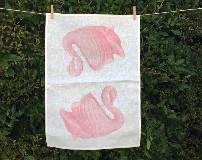 Pink linen swan tea towel