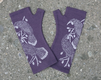 Purple merino fingerless gloves - new zealand bird print, fine  wool gloves, printed mittens Huia