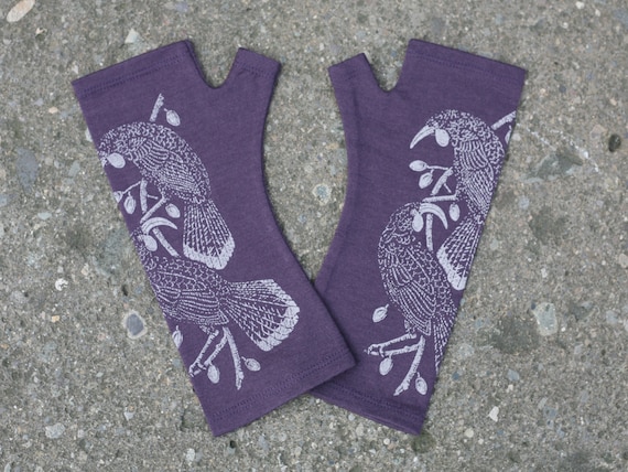 Purple huia bird printed merino fingerless gloves
