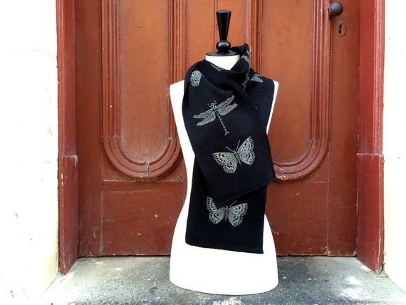 Black dragonfly and butterfly scarf - thick black knit scarf in merino wool, insect print