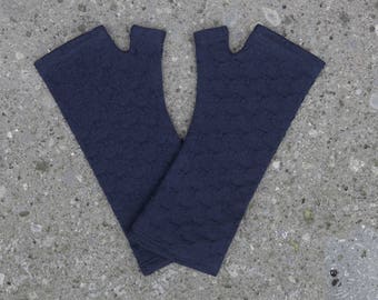 Ink blue merino wool, textured knit fingerless gloves, navy, indigo