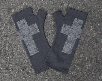 Charcoal cross wool gloves printed in dark silver ink, arm warmers, fingerless mittens, dark gray grey