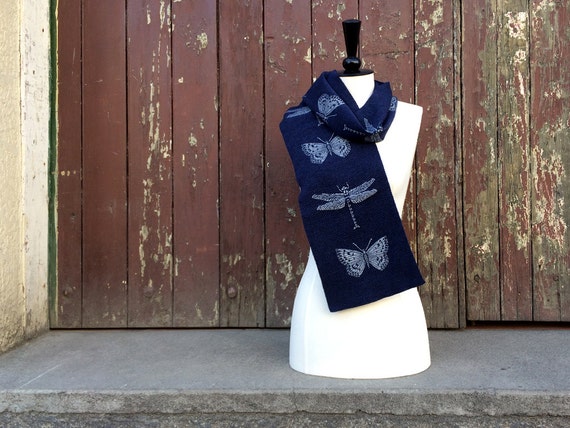 Navy dragonfly merino wool scarf