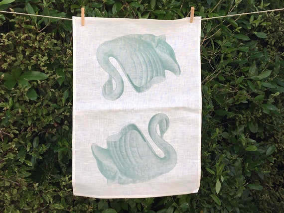 Green swan linen tea towel