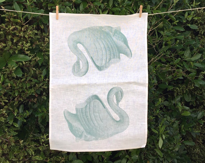 Green swan linen tea towel