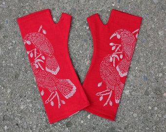 Red merino fingerless gloves - new zealand bird print, Red wool gloves, printed mittens Huia