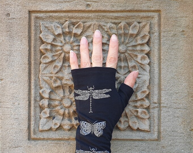 Black dragonfly merino fingerless gloves