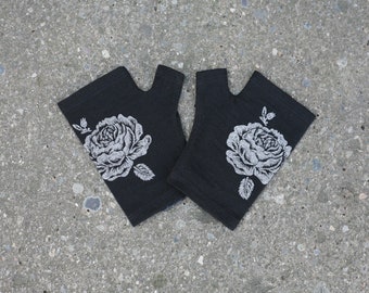 Black merino vintage silver rose gloves, printed in dark silver ink, arm warmers, short fingerless mittens,