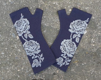 Dark blue merino fingerless gloves - vintage rose print, navy wool gloves, printed mittens floral