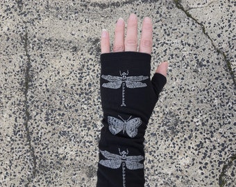 Merino wool fingerless gloves - black, printed with dragonfly and butterfly screen print