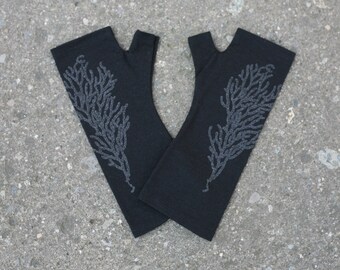 Black merino wool fingerless gloves - coral print, printed mittens