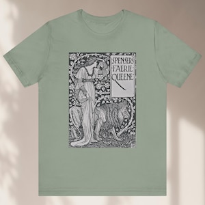May include: Sage green t-shirt with a black and white illustration of a woman with a lion. The illustration is from the book "Spensers Faerie Queene".