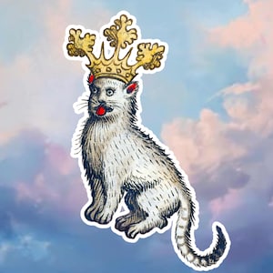 May include: A white cat wearing a gold crown with red jewels. The cat is sitting with its tail curled around its body. The background is a light blue and pink sky with clouds.