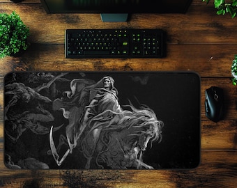 Gothic Art Desk Mat, Dark Horse Rider, The Vision of Death - Gustave Doré, Mousepad XXL, Office Decor, Gaming Mat,  Black and White
