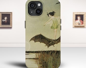 Flying fairy on a bat iPhone Case, Vintage Fairy Tale Phone Case, Whimsical Witch Art, Fantasy Illustration Cover, Gothic Gift