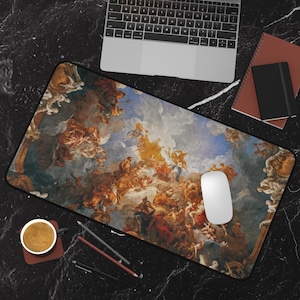 Puede incluir: Un ratón de ordenador con una pintura detallada de un fresco de techo con una figura central rodeada de nubes y otras figuras. La pintura está en tonos de azul, blanco y dorado.