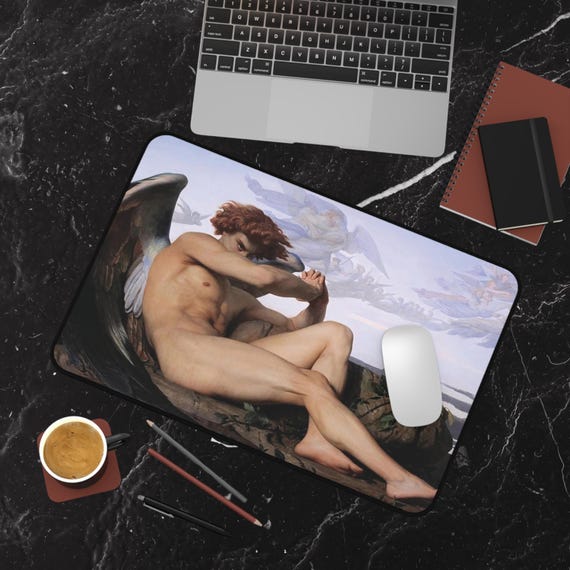 Fallen Angel Artistic Desk Mat, Dark Romantic Art, Vintage Style Desk Pad, Office Gift Idea, Workspace Decor, Gothic Gaming Mythological Pad