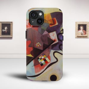 May include: A phone case with a colorful abstract design featuring geometric shapes, lines, and a black circle. The design is reminiscent of a painting by a famous artist.