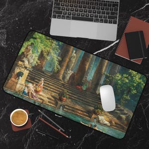 May include: A vintage-style painting depicting a classical Roman scene with a stone staircase leading to a pool of water. The painting features a group of figures in flowing robes, lush greenery, and architectural details.