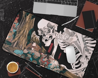 Samurai Skeleton Desk Mat, Japanese Warrior Mouse Pad XL, Productivity Gaming pad, Tokyo Aesthetic Desk Decor, Gothic Japan Edo Office, Gift