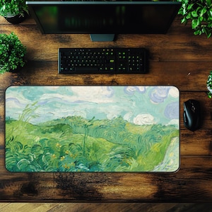 Vincent Van Gogh Art Desk Mat Extra Large, Green Wheat Fields Mouse Pad, Extended Desk Accessory, Painterly Office Gift Idea,Workspace Decor