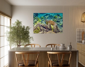 Hawajska grafika ścienna z żółwiem morskim nad rafą koralową pod wodą w Honu, tropikalne sny, artystyczna fotografia, wydruk aluminiowy