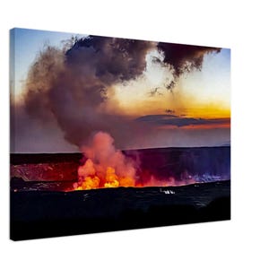 Pôr do sol vívido do vulcão havaiano com brilho de lava ardente Arte de parede com pincel de Pele Sonhos tropicais Fotografia Impressão em tela