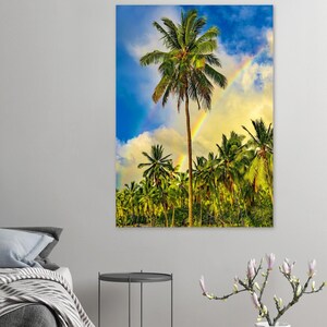 Palme hawaiane, tramonto arcobaleno vibrante, paradiso tropicale, belle arti, sogni tropicali, poster fotografici, arte murale